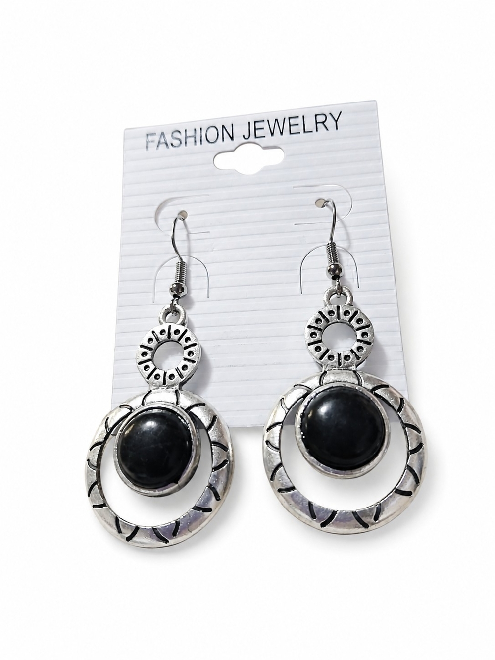 Fashion Jewelry Black and Silver Dangle Hoop Earrings